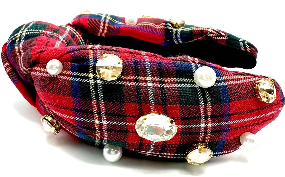 SALE Christmas Plaid with gold jewels white pearls Headband: As Pictured