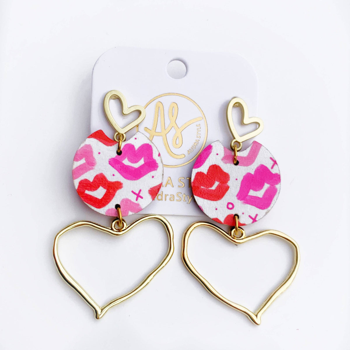 Valentine's Day Earrings - Brass Open Hearts - Lips on White