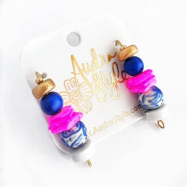 Carson - Beaded Drop Statement Earrings - Blue White Hot Pink