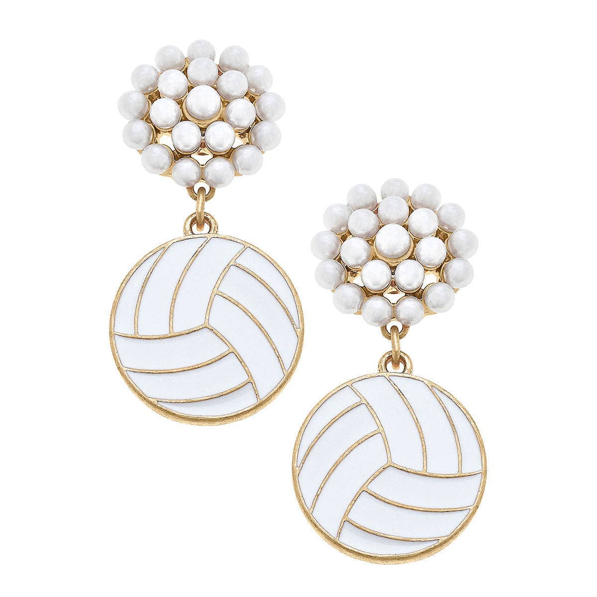 Volleyball Pearl Cluster Enamel Drop Earrings in White