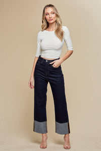 STRAIGHT LEG BOYFRIEND FIT CUFFED JEANS- DARK DENIM
