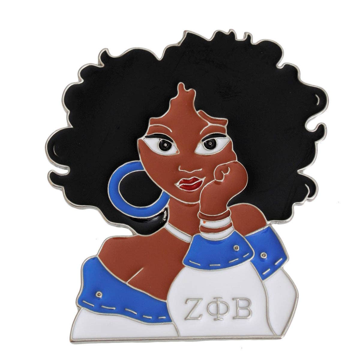 Blue White Curly Hair Woman Pin: 2.5 x 2.25 inches / Blue and White / Rhodium