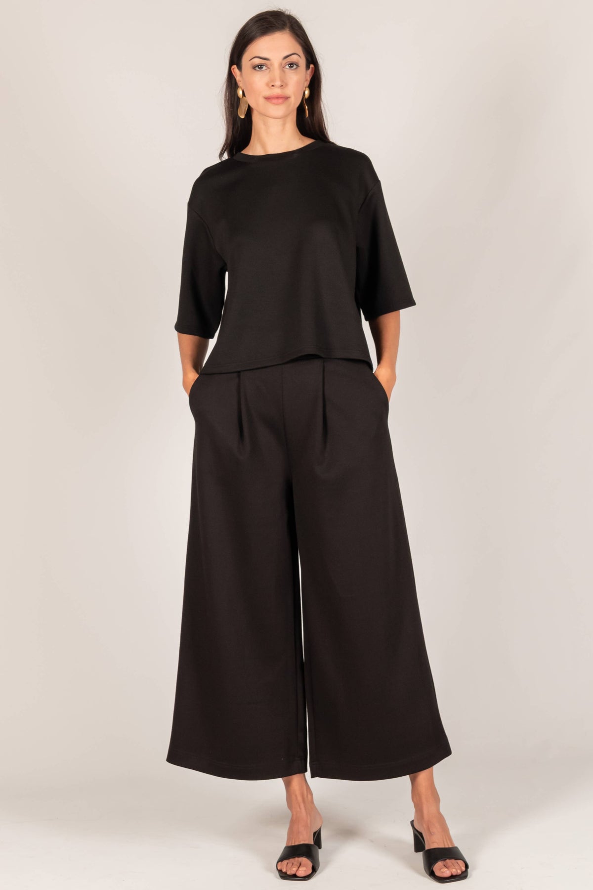 P. CILL Butter Modal Wide Leg Culotte Pants: Black or Charcoal