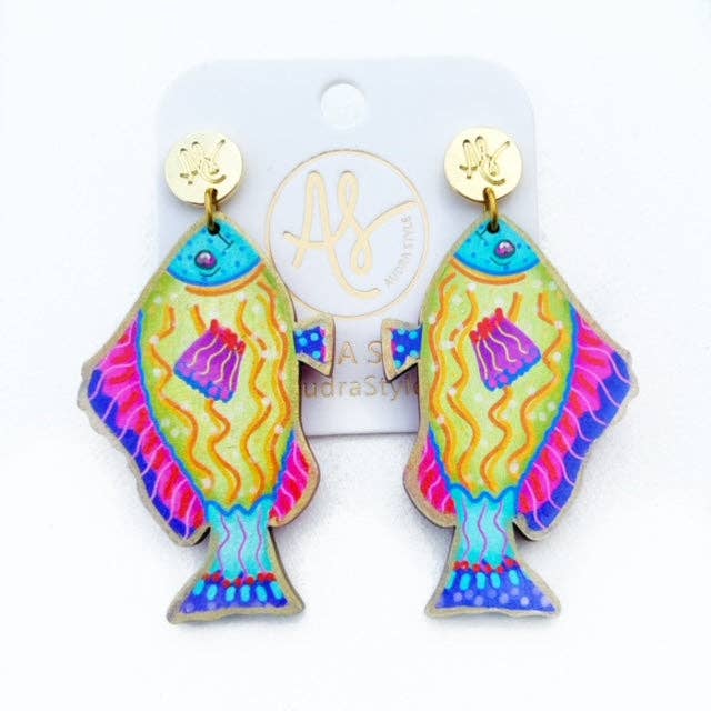 Colorful Nautical Statement Artwork Earring Line Green Fish