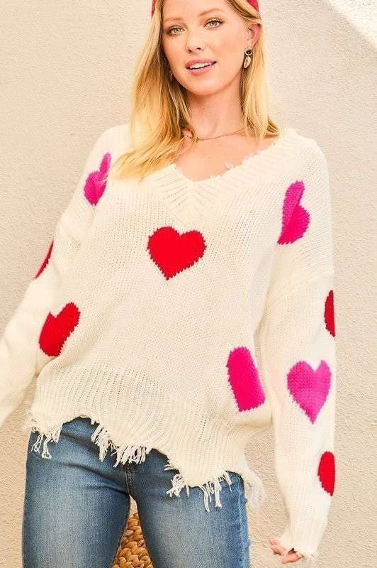 Harper Frayed V Neck Oversized Heart Print Sweater Top