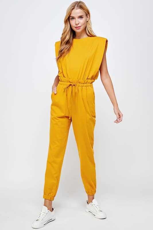 "Shana" Shoulder Muscle Padded Sleeveless Jogging Jumpsuit- Mustard
