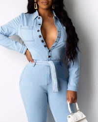 Button Design Long Sleeve Denim Jumpsuit