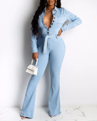 Button Design Long Sleeve Denim Jumpsuit