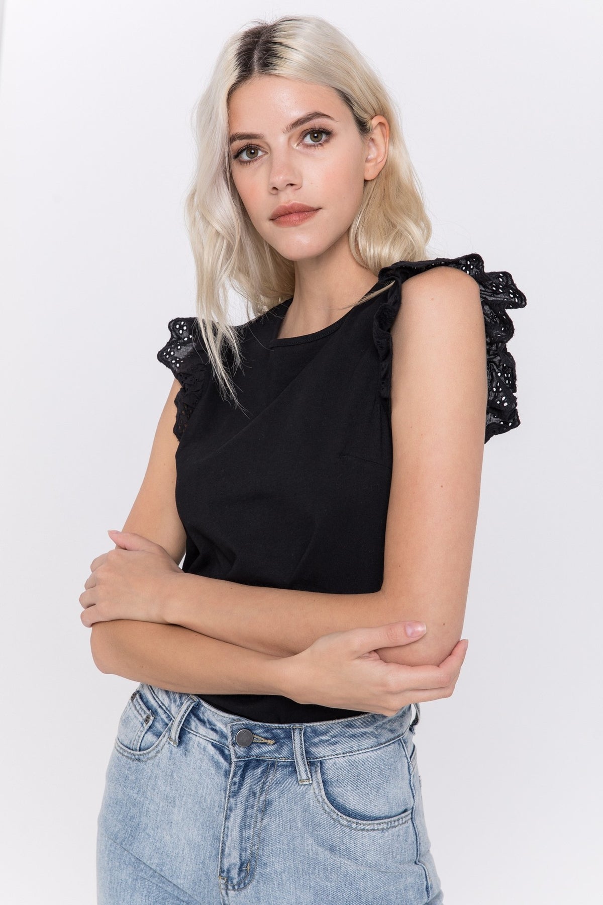 Eyelet Flutter Sleeve Knit Top
