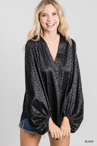 Black Leopard Print Long Bubble Sleeve Silky Blouse