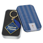 Hope and a Future Navy Metal Graduation Keyring with Tassel in Gift Tin - Jeremiah 29:11