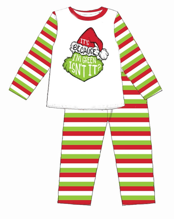 ADULT IT'S BECAUSE I'M GREEN MULTI STRIPE CHRISTMAS JAMMIE SET