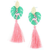 PALM LEAF & FLAMINGO EARRING WITH PINK TASSEL