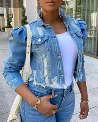 Puffed Sleeve Frayed Denim Jacket