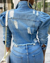 Puffed Sleeve Frayed Denim Jacket