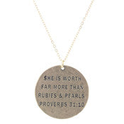 "SHE IS WORTH FAR MORE THAN RUBIES"  GOLD NECKLACE