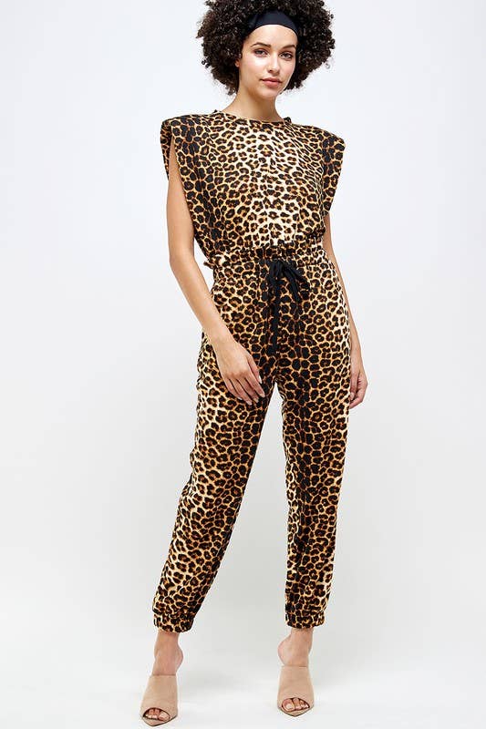 "Shana" Shoulder Padded Sleeveless Leopard Jumpsuit