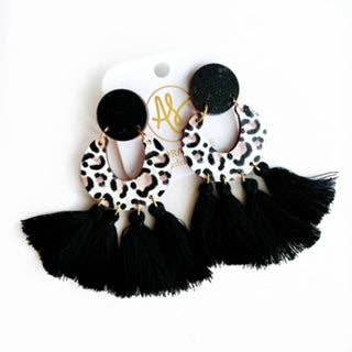 Large Geometric Fringe Statement Earring Taupe Leopard Black