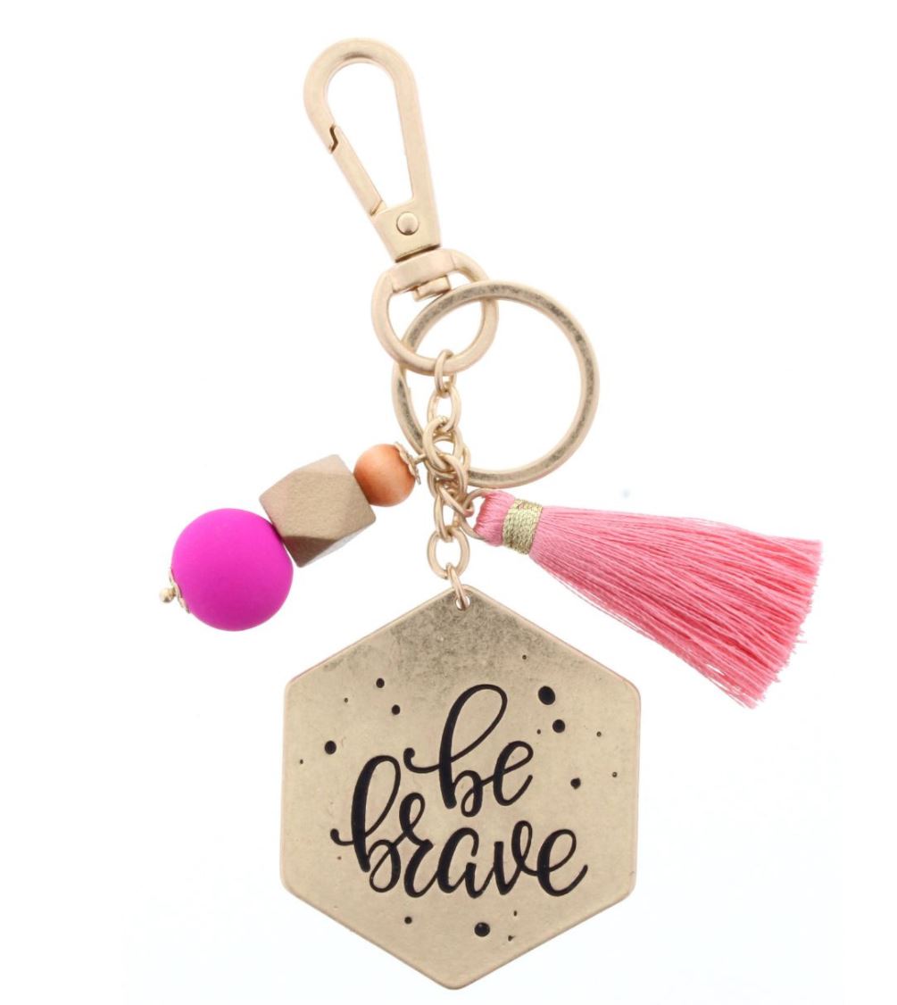 TWO SIDED KEYCHAIN- DOT & STRIPE PATTERN/ "BE BRAVE" WITH BEADS & TASSEL ACCENT KEYCHAIN