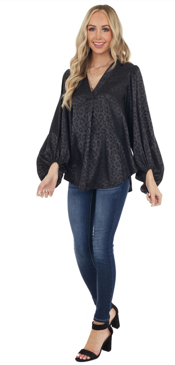 Black Leopard Print Long Bubble Sleeve Silky Blouse
