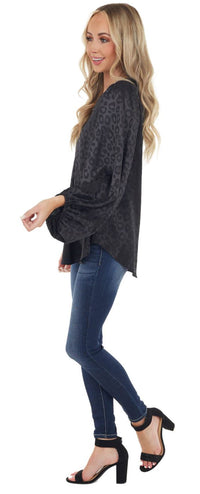 Black Leopard Print Long Bubble Sleeve Silky Blouse