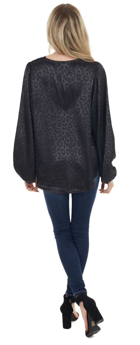 Black Leopard Print Long Bubble Sleeve Silky Blouse