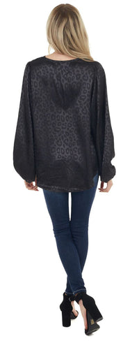Black Leopard Print Long Bubble Sleeve Silky Blouse