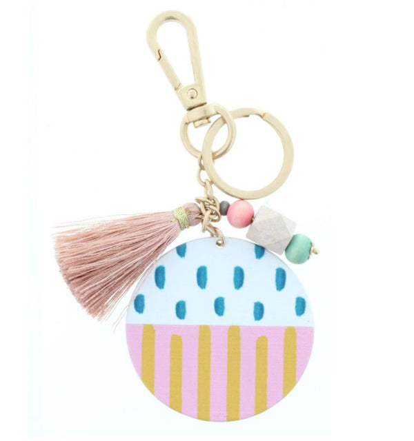 TWO SIDED KEYCHAIN- DOT & STRIPE PATTERN/ "BLESSED" WITH BEADS & TASSEL ACCENT KEYCHAIN