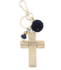 TWO SIDED KEYCHAIN - FLORAL PATTERN/ "BUT FIRST PRAY" WITH BEADS & POM ACCENT KEYCHAIN