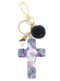 TWO SIDED KEYCHAIN - FLORAL PATTERN/ "BUT FIRST PRAY" WITH BEADS & POM ACCENT KEYCHAIN