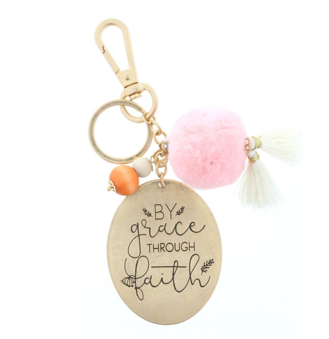 TWO SIDED KEYCHAIN - MULTI IKAT PATTERN/ "BY GRACE THROUGH FAITH" WITH POM & TASSEL ACCENT KEYCHAIN