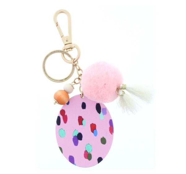 TWO SIDED KEYCHAIN - MULTI IKAT PATTERN/ "BY GRACE THROUGH FAITH" WITH POM & TASSEL ACCENT KEYCHAIN