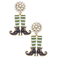 Halloween Enamel Witch Stockings & Shoes Earrings in Green/B