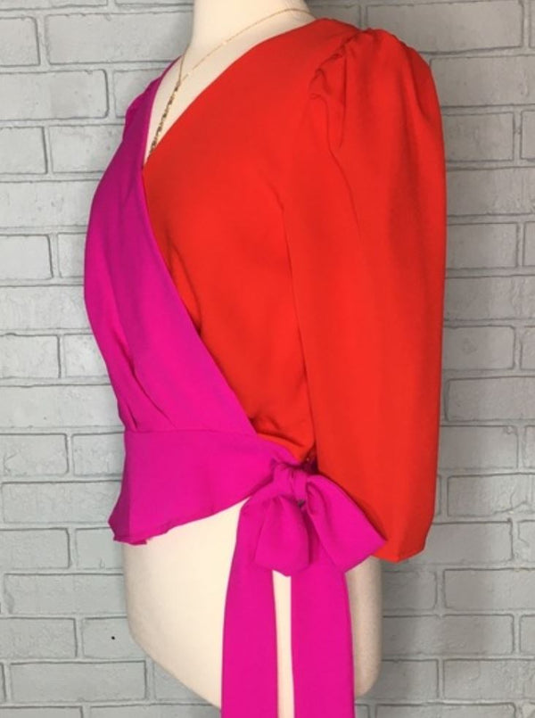 "Leslie" Red & Fuschia Colorblock Wrap Top