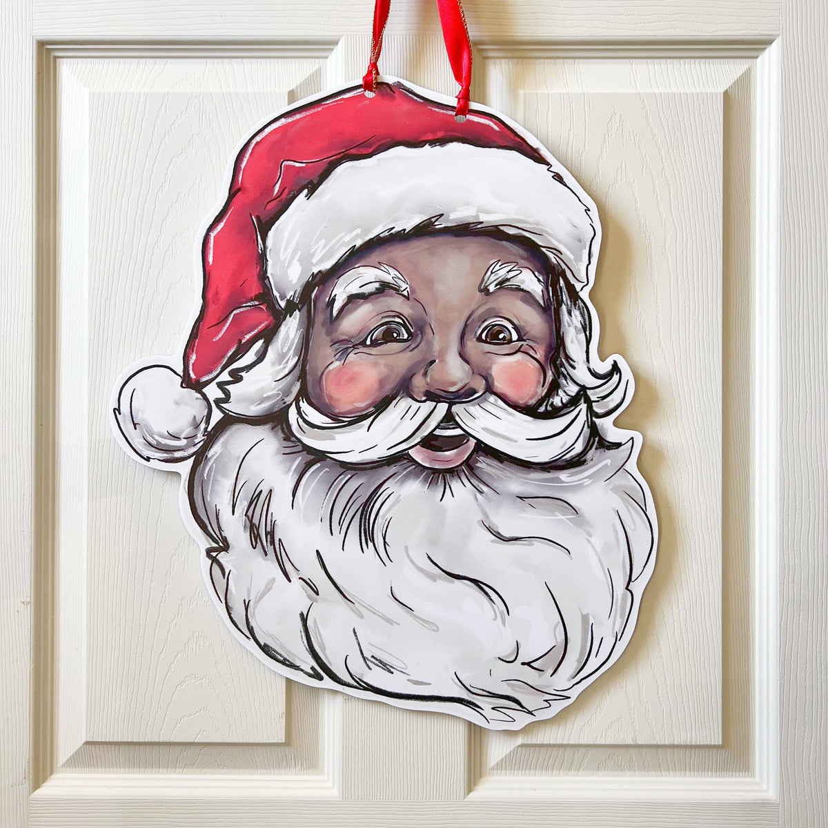 Vintage Jolly Santa Door Hanger -Christmas Holiday Door Sign: Darker Skin or Light Skin