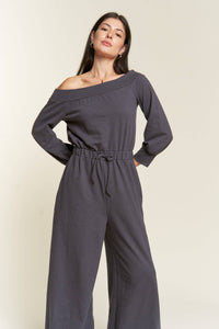 Melinda One Shoulder Terry Jumpsuit Dark Gray or Lime