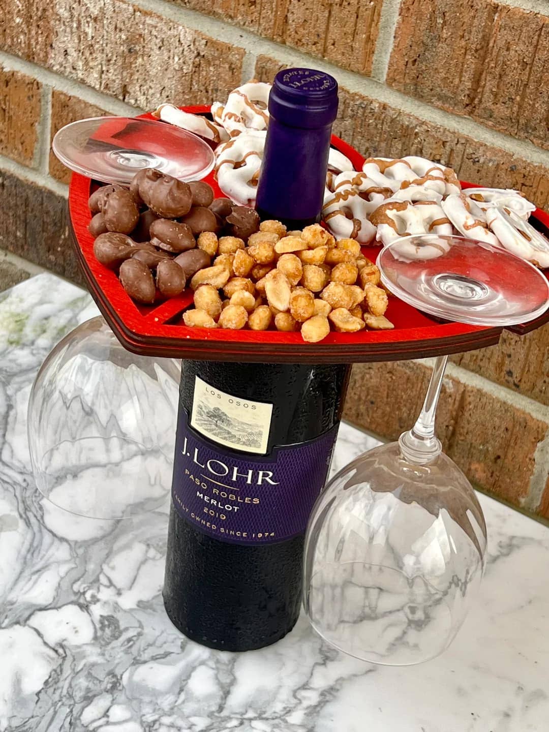 Heart Shaped Charcuterie Board and Wine Caddy: Red or Wood