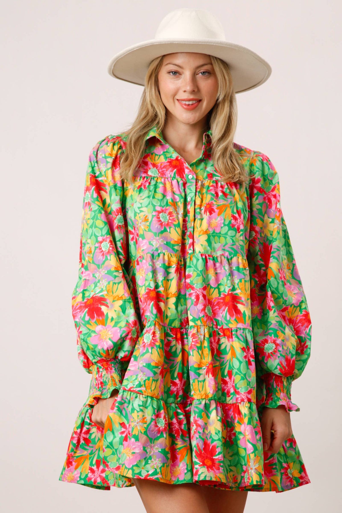 Floral Print Poplin Shirt Dress - GREEN MULTI