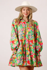 Floral Print Poplin Shirt Dress - GREEN MULTI