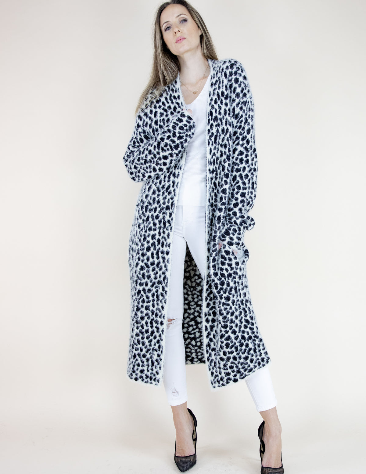 Cheetah Print Long Sleeve Cardigan - White