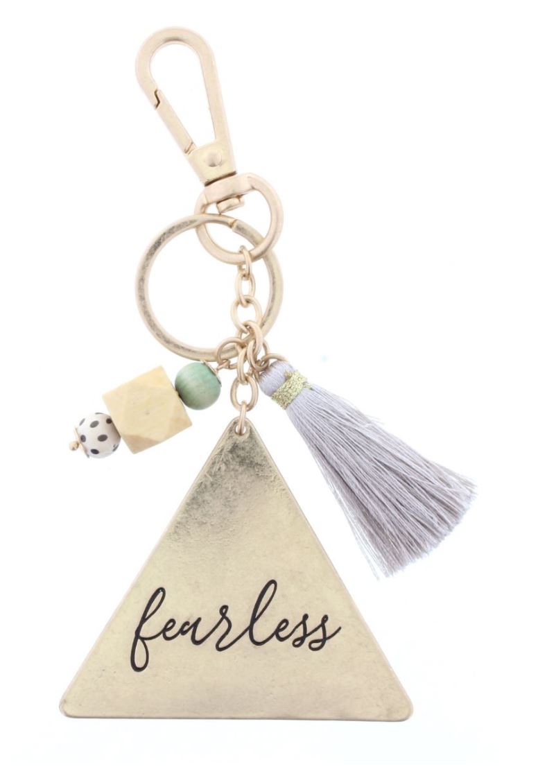 TWO SIDED KEYCHAIN - DOT & STRIPE PATTERN/ "FEARLESS" WITH BEADS & TASSEL ACCENT KEYCHAIN