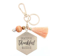 TWO SIDED KEYCHAIN - DOT & STRIPE PATTERN/ "GRATEFUL THANKFUL BLESSED" WITH BEADS & TASSEL ACCENT KEYCHAIN