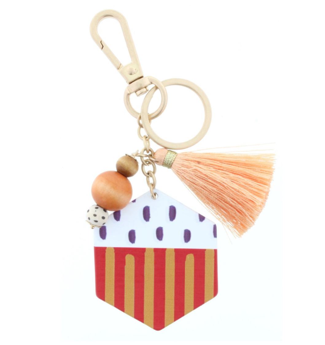 TWO SIDED KEYCHAIN - DOT & STRIPE PATTERN/ "GRATEFUL THANKFUL BLESSED" WITH BEADS & TASSEL ACCENT KEYCHAIN