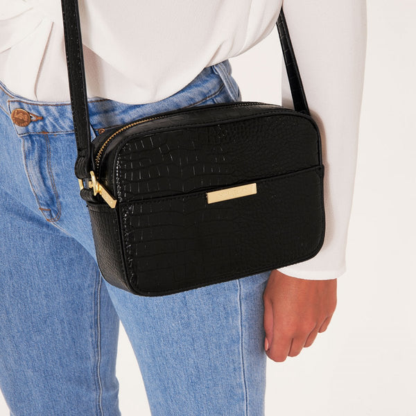 CELINA FAUX CROC CROSSBODY BAG | BLACK