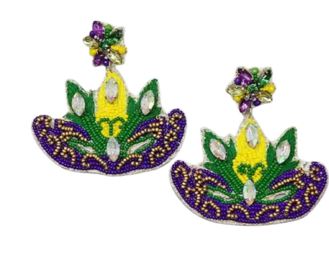 Mardi Gras Mask Seed Bead Drop Earrings
