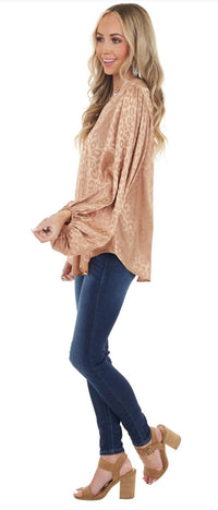 Taupe  Leopard Print Long Bubble Sleeve Silky Blouse