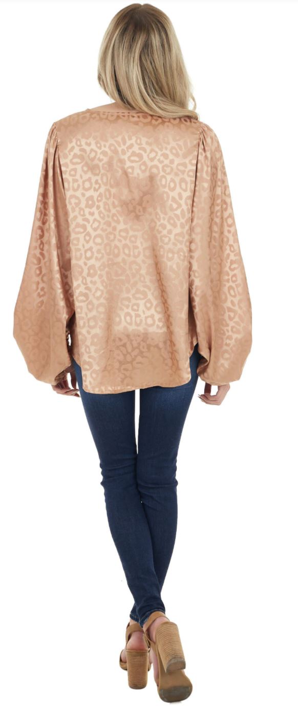 Taupe  Leopard Print Long Bubble Sleeve Silky Blouse